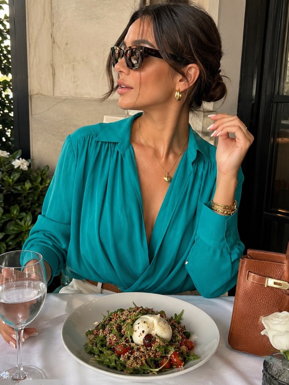 Women’s Teal Wrap Blouse - Elegant Long-Sleeve V-Neck Top